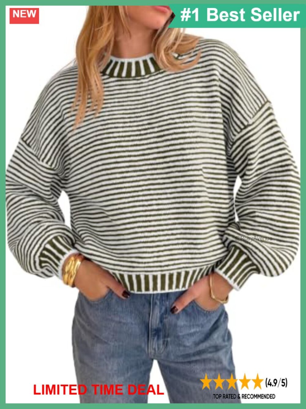 Chunky Knit Striped Color Block Pullover Sweater Crew Neck Drop Shoulder